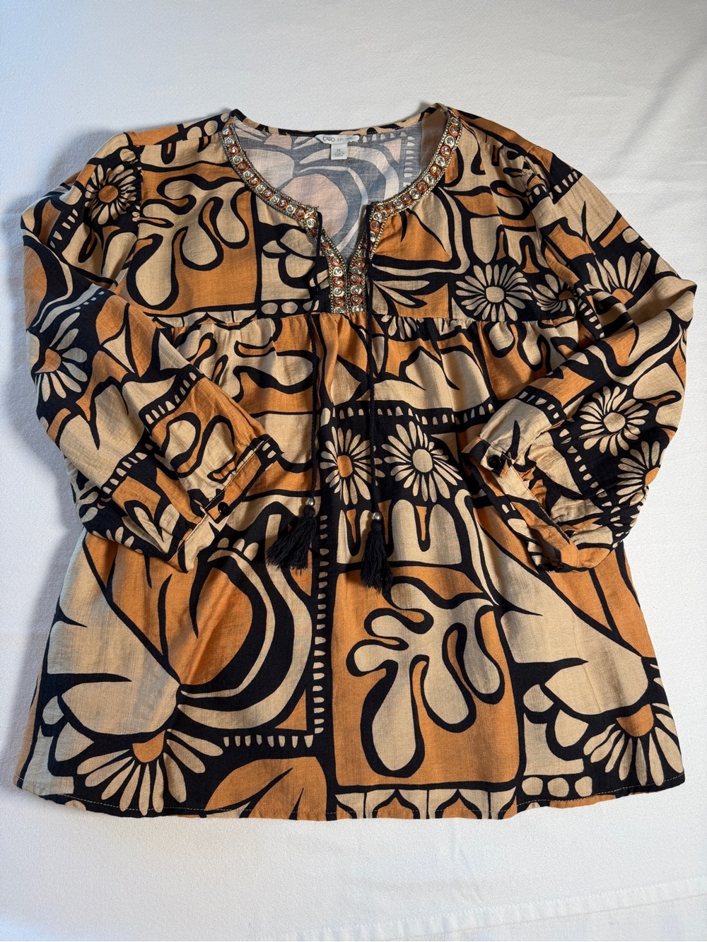 Cato Black & Mustard Boho Floral Embellished Tunic